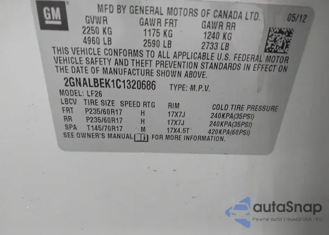 2012 Chevrolet Equinox Ls из США, поврежденный, VIN 2GNALBEK1C1320686